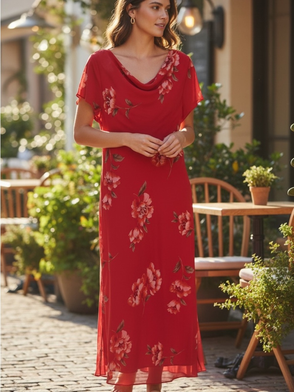 Coldwater Creek Coral Floral Cowl-Neck Maxi Dress